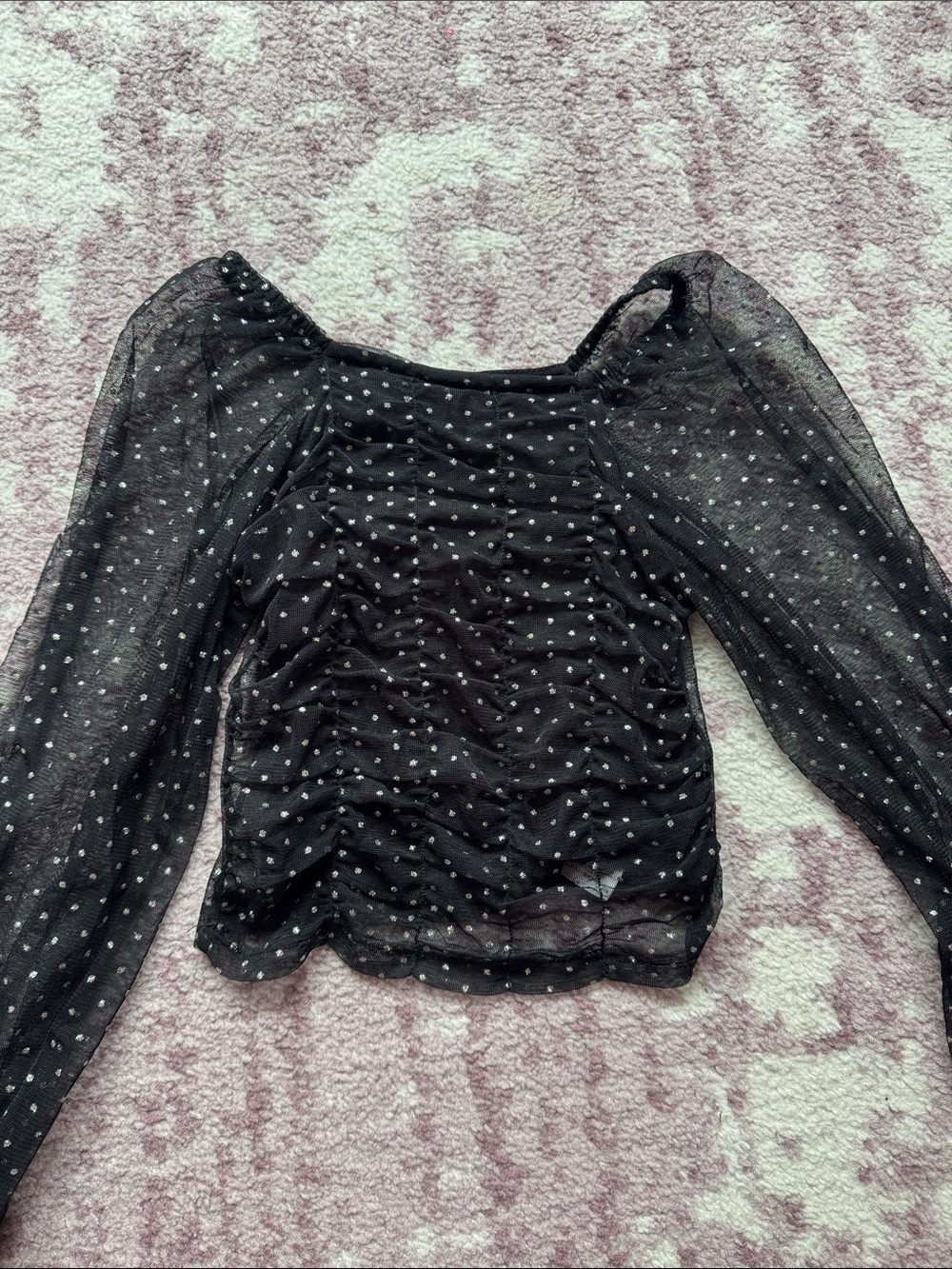 Zara Black Sheer Polka Dot Ruched Puff-Sleeve Top